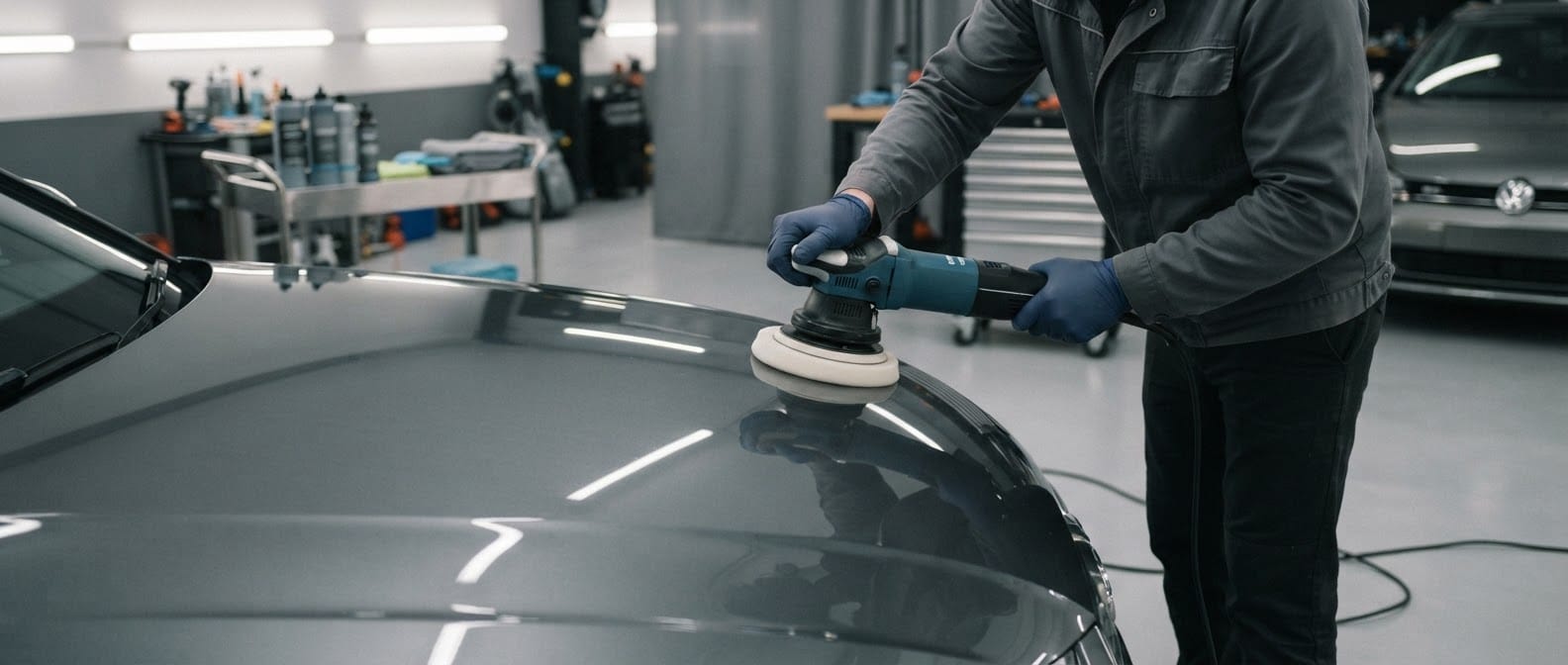 Motorhaube eines grauen Fahrzeugs wird mit der Poliermaschine aufbereitet