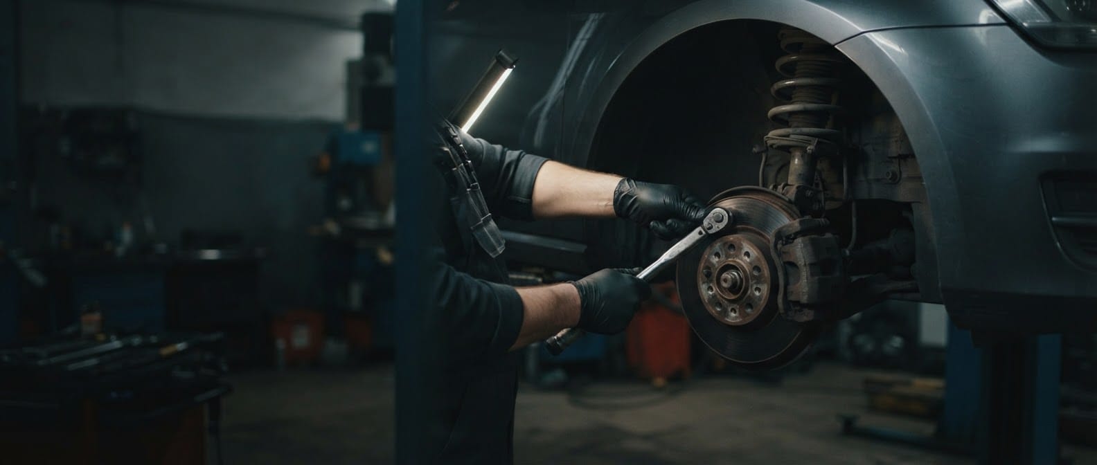 Mechaniker zieht mit dem Drehmomentschlüssel eine Verschraubung am Radträger an