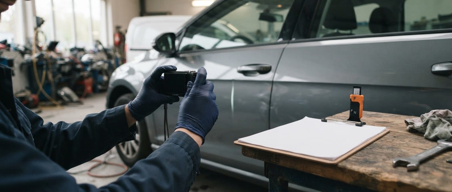 Schaden an der Fahrzeugseite wird mit der Kamera dokumentiert, daneben ein Klemmbrett
