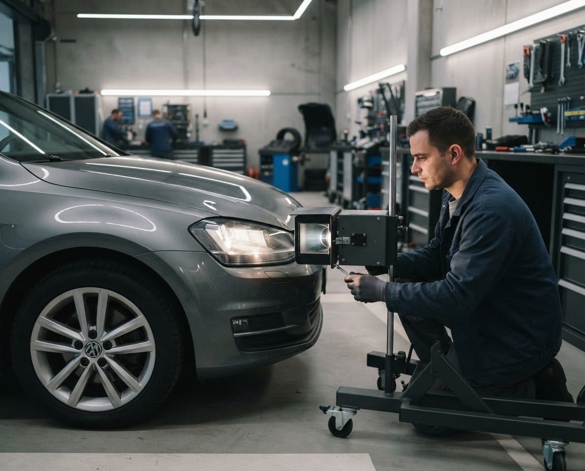 Kfz-Techniker prüft den Scheinwerfer mit einem Einstellgerät