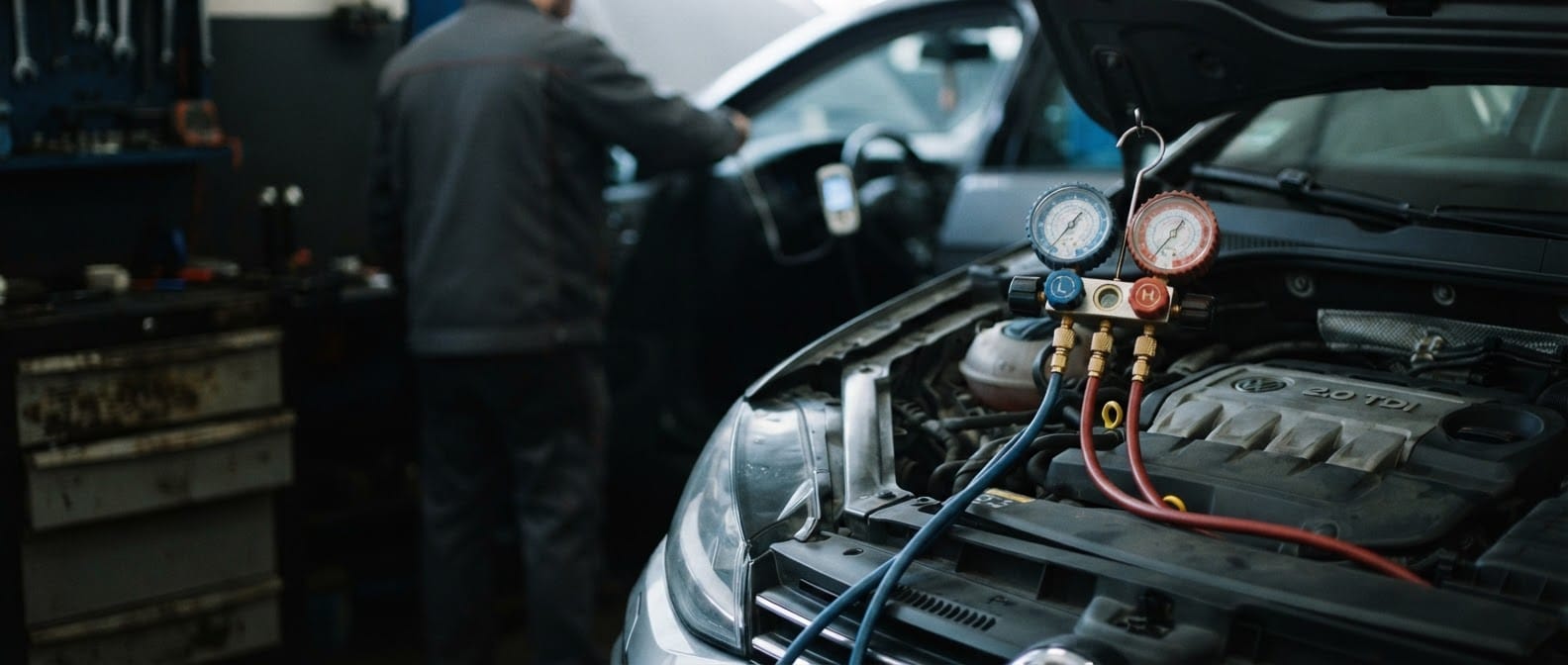 Manometer und Serviceschläuche an den Anschlüssen der Klimaanlage im Motorraum
